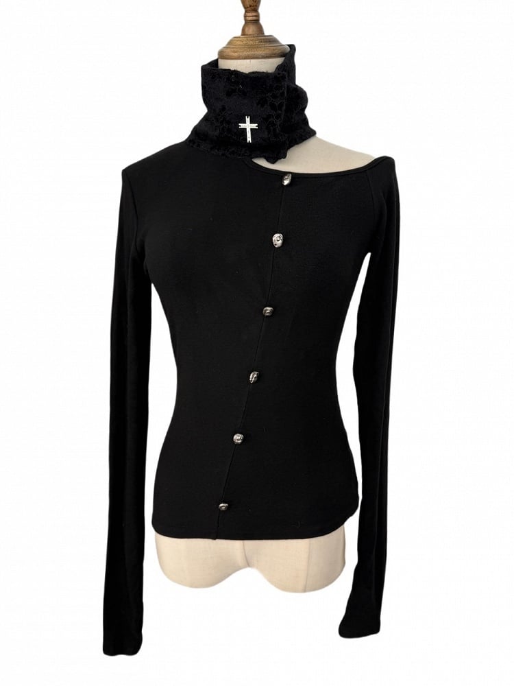 Asymmetrical Lace Button-Up Gothic Top Detachable Flocked Cape with