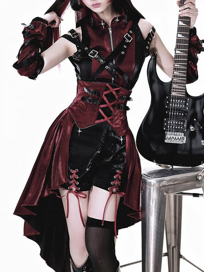 レッドパンクトップ、ブラックノースリーブ、ファッション