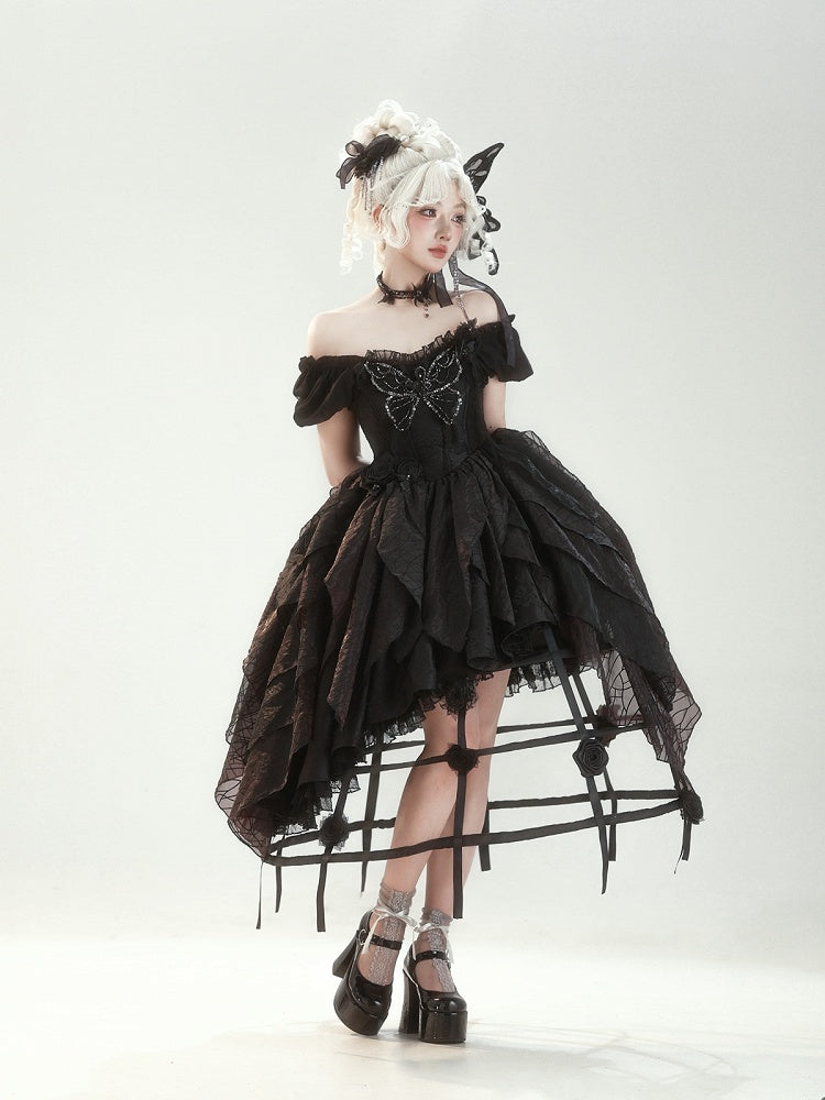 Butterfly Motif Puff Sleeve Lolita Top and Asymmetrical Hem Skirt Set in Black - Sweet Wood Lolita
