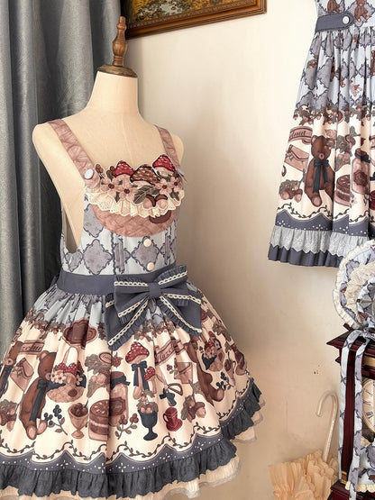 Print Stickerei Overall Süßes blaues Teddykleid Pilz Lolita Ausschnitt