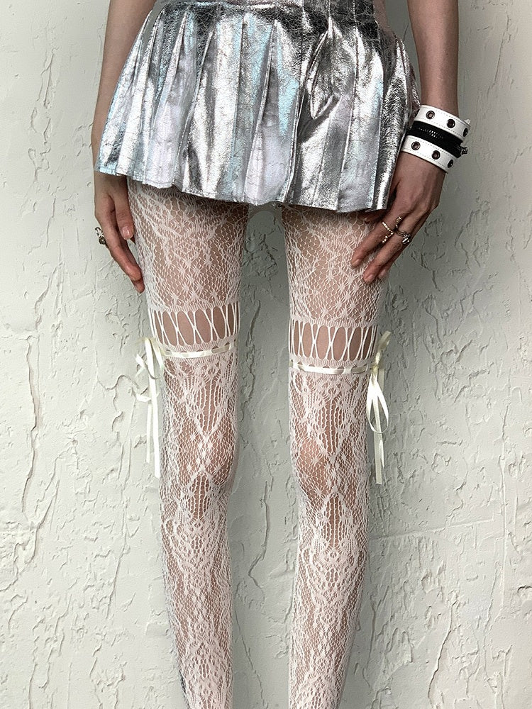 Ausgeschnittene Strumpfhosenträger zum Selbstbinden in Kaffee/Grau/Schwarz/Weiß/Lila/Blau im Y2K-Stil mit Blumenmuster