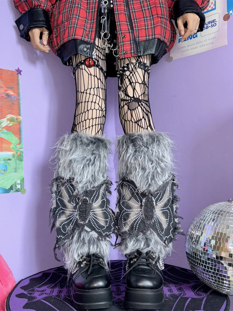 グレー Y2K バタフライアップリケ 40cm シャギーレッグウォーマー