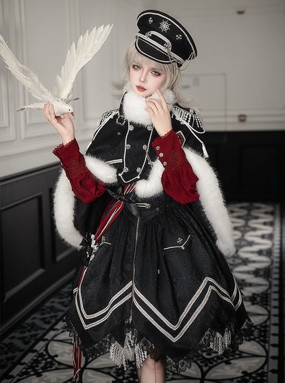 Black with Hem Military Details Lolita Corset Dress Zipper Handkerchief Jacquard