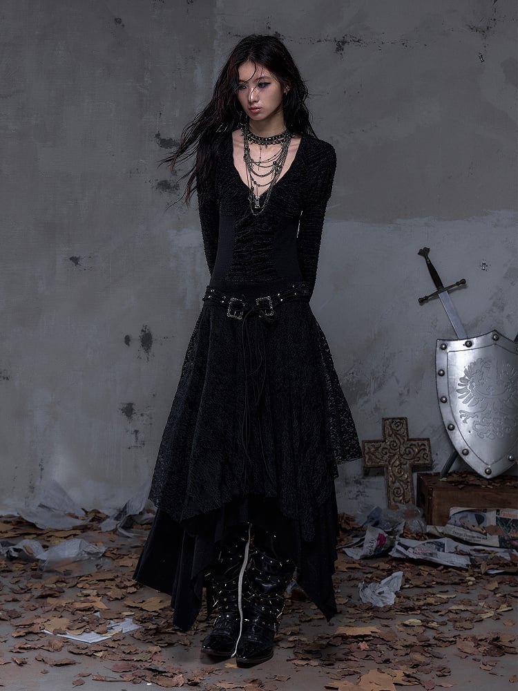 Black Dress Sleeve Knit with Waist Punk Hem Tiered Handkerchief Juliette Studded