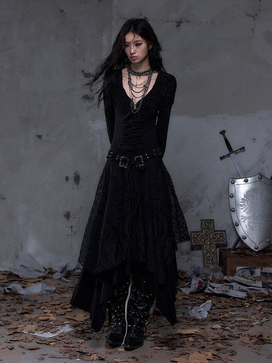 Black Dress Sleeve Knit with Waist Punk Hem Tiered Handkerchief Juliette Studded