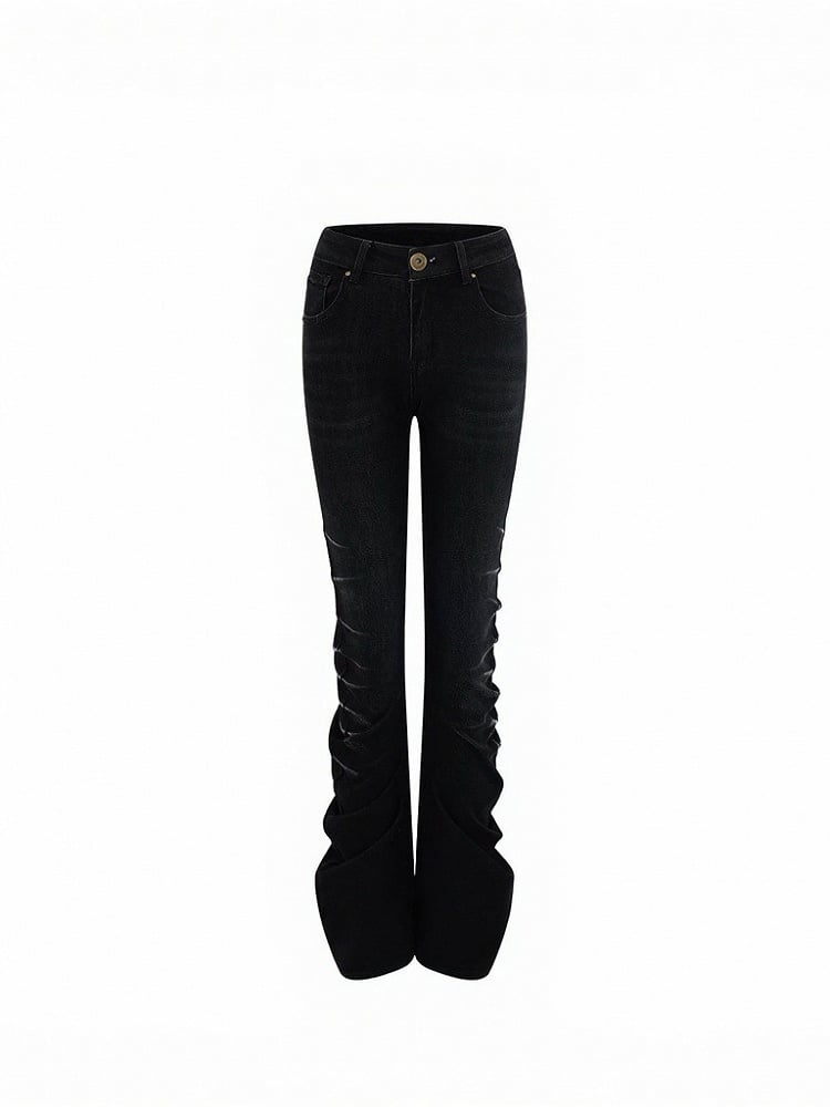 Black Denim Jeans with Stacked Pleats and Zipper Design - Low pixel