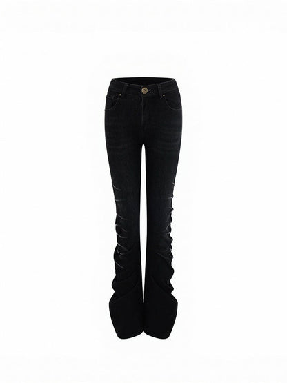 Black Denim Jeans with Stacked Pleats and Zipper Design - Low pixel