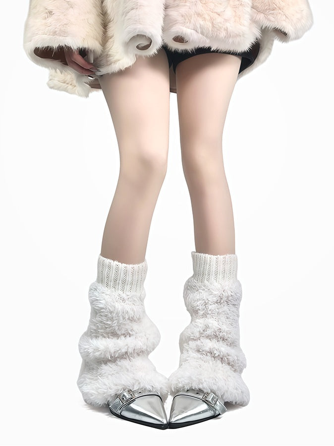 Off-white/Grey/Black Knitted Cuffs Plush Leg Warmers