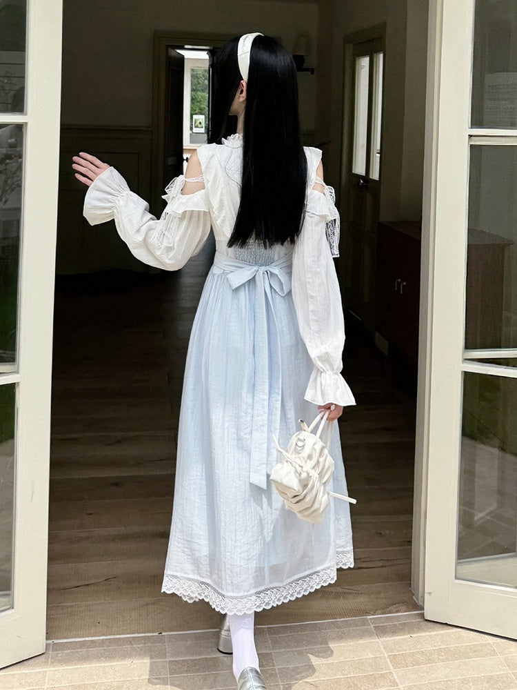 Blue-White Cutout Shoulder Bow Ruffle Long Sleeve Seiso Dress - LA LA JK