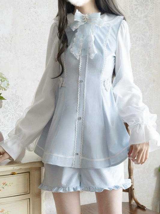 Blue Peter Pan Collar Mini Dress+Ruffled Set- Light Shorts Jirai Kei Hem