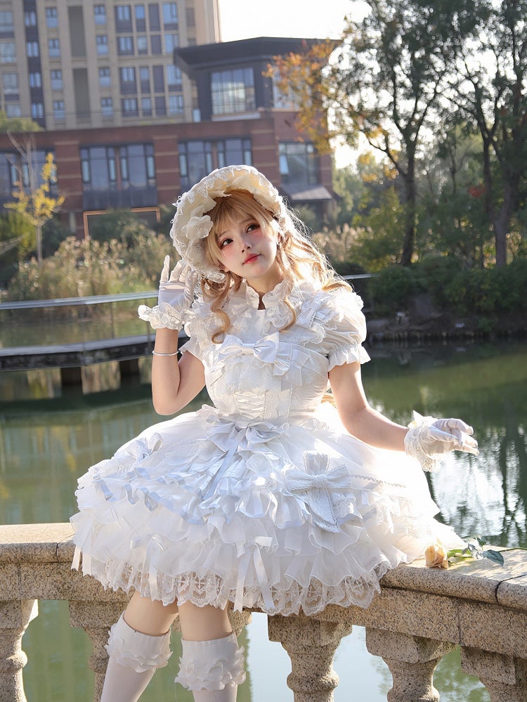 Lolita Accents Ruffle Skirt with Princess Layered Silver Dress White JSK and Bow