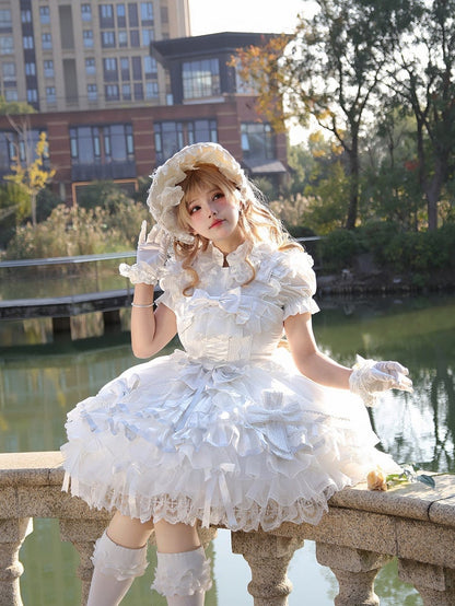 Lolita Accents Ruffle Skirt with Princess Layered Silver Dress White JSK and Bow