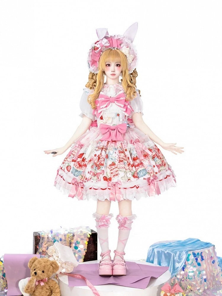 Akzente Druck mit Schleife Erdbeere und Süßkirsche Rosa Lolita Mode Kleid Licht