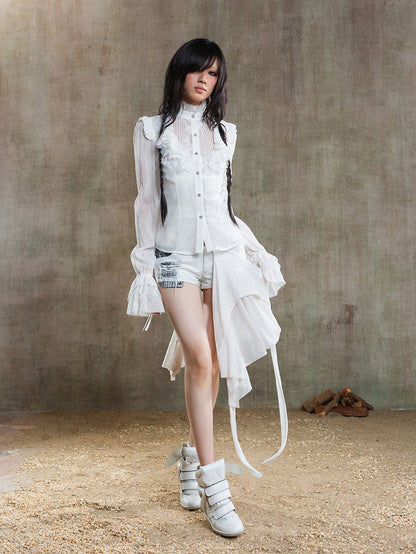 Beige Front Poet Semi-Sheer Blouse Chiffon Button Gothic Sleeves with