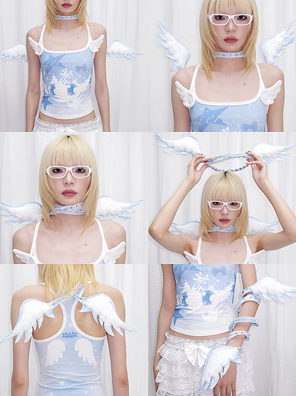 Wings Studded Blue with Chain Choker Detail Angel Outline