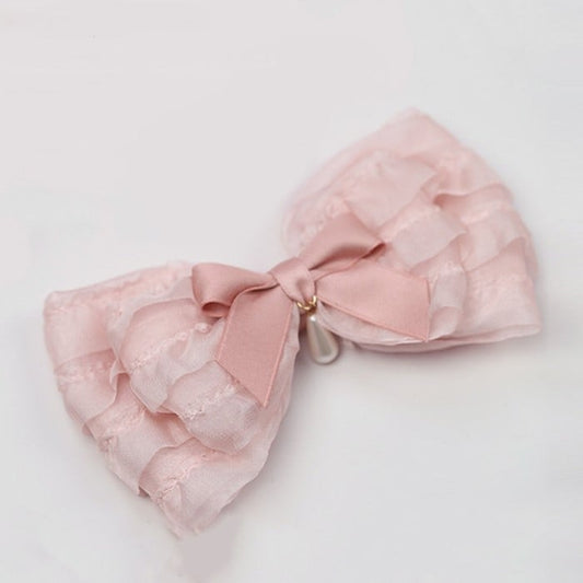 Haarspange in Schleifenform, Lolita-Anhänger mit Rüschen und rosafarbenem Perlentropfen