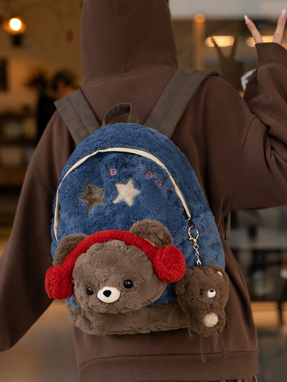 Embroidery Plush Letter Backpack BlueBrown With Bear A Star And Plushie Detachable