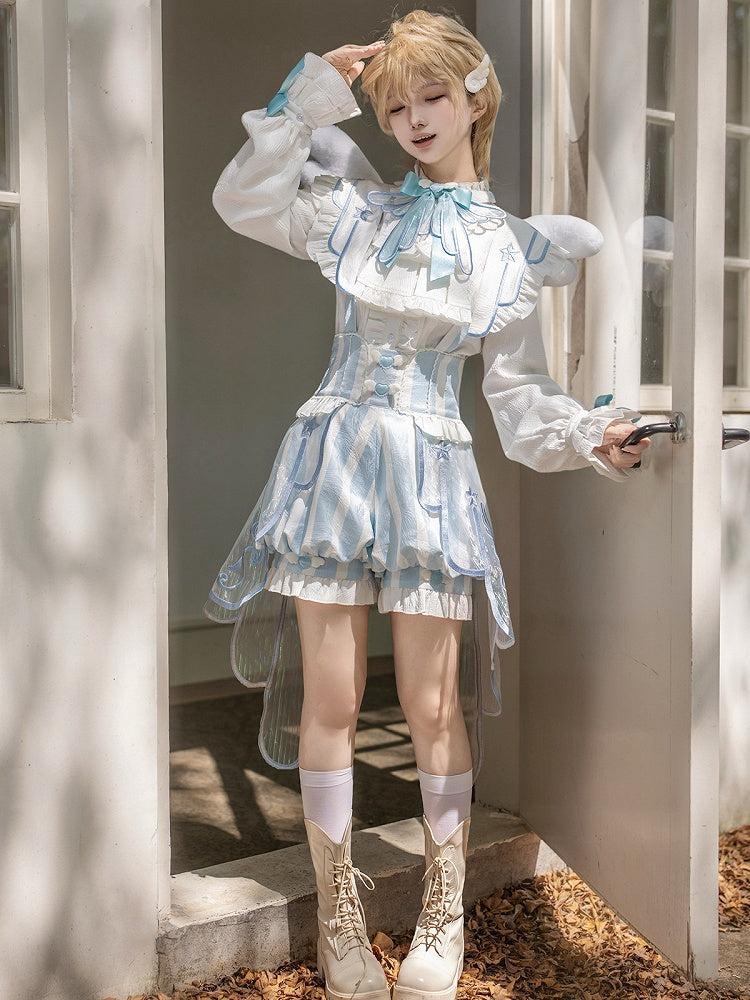 White & Blue Long Sleeves Ouji Style Lolita Shirt + Striped Lolita Suspender Bloomer Shorts with Angel Wing Train Set - Unknown Star