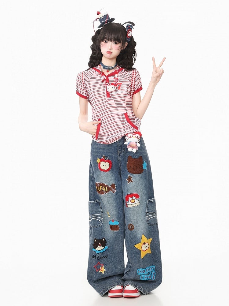 Red Striped Short Sleeve Hoodie with Kitty Ear Detail - Languid Park