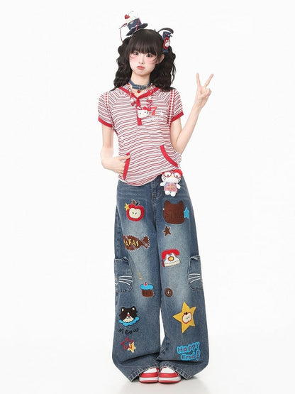 Red Striped Short Sleeve Hoodie with Kitty Ear Detail - Languid Park