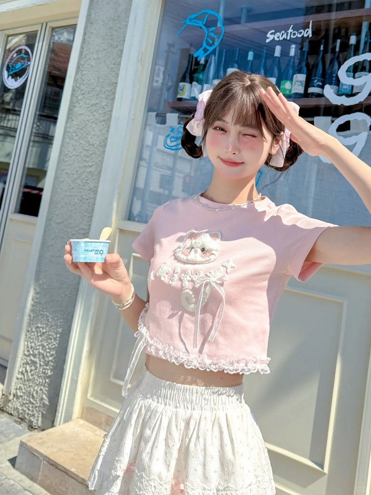 バージョンTシャツ 猫アップリケ ロング/ショート ピンク プラッシュ