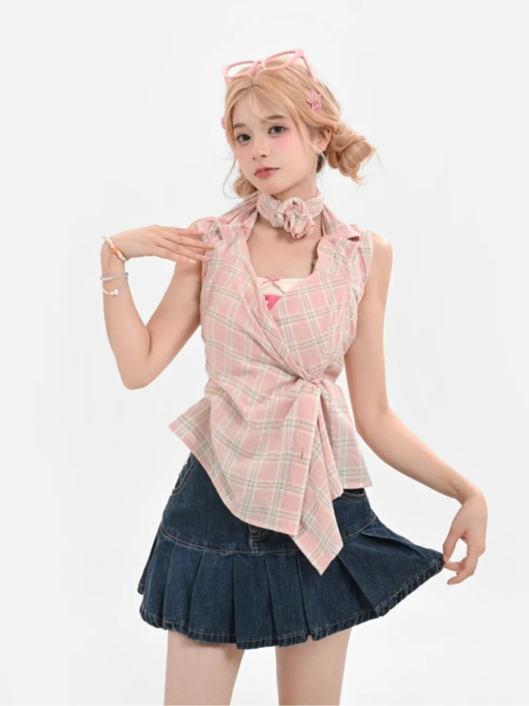 ピンクボタン、グリーンプラケット、グアバ刺繍、ハート柄、取り外し可能な袖付きチェックシャツ