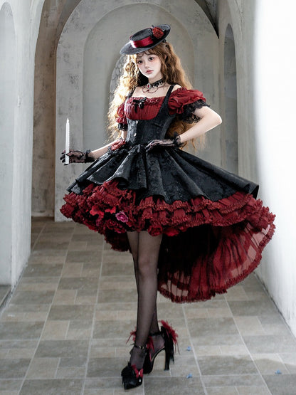 Gothic Underbust JSK Dress with Off-Shoulder Blouse, Red & Black, High-Low Skirt - Sheer Ocean