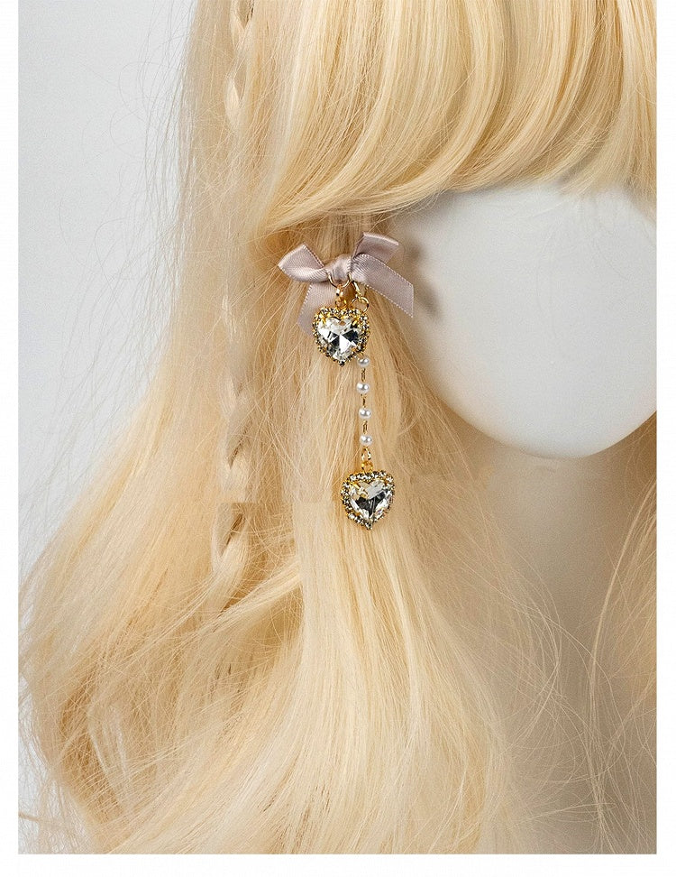Kei Rhinestones / Dusty Pink Bow Ear Jirai Beaded | Clips White Heart Black Chain with