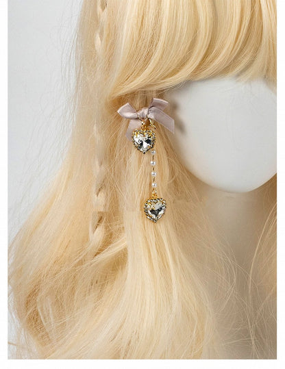 Kei Rhinestones / Dusty Pink Bow Ear Jirai Beaded | Clips White Heart Black Chain with