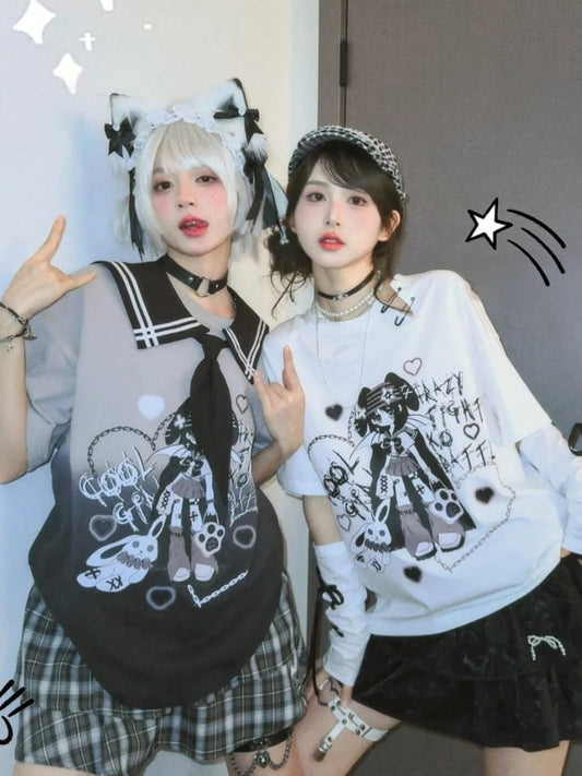 Girl Print Gradient Black T-Shirt Y2K Sailor Collar Punk