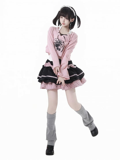 Tiered Skirt with Detachable Bows Black and Pink Polka-dot Pattern