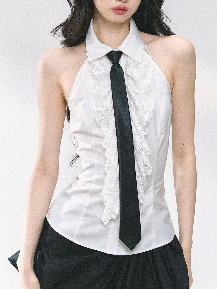 White Ruffled Lace Trim Sleeveless Shirt with Free Tie