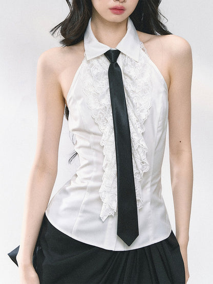 White Ruffled Lace Trim Sleeveless Shirt with Free Tie