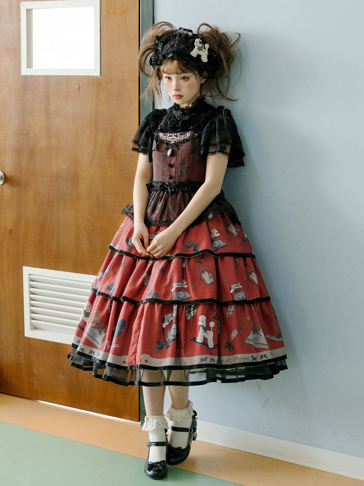 子犬と電話のプリントのティアードスカート ブラックとレッドのスイートロリータジャンパースカート