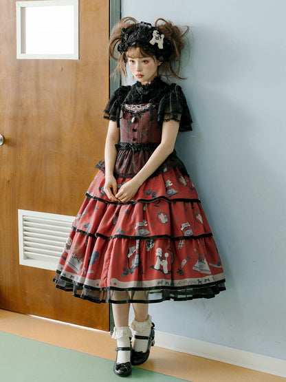 子犬と電話のプリントのティアードスカート ブラックとレッドのスイートロリータジャンパースカート