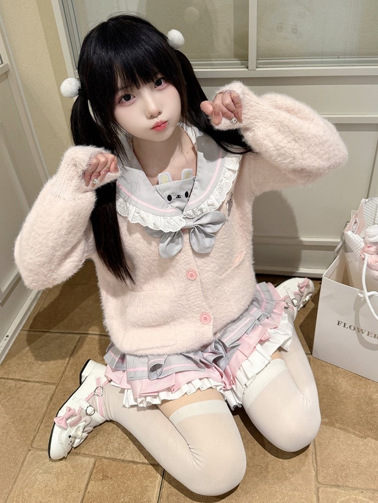 Cardigan Detail - Ribbed Plush Front Mouse Pink Trim Chef Embroidery with Button