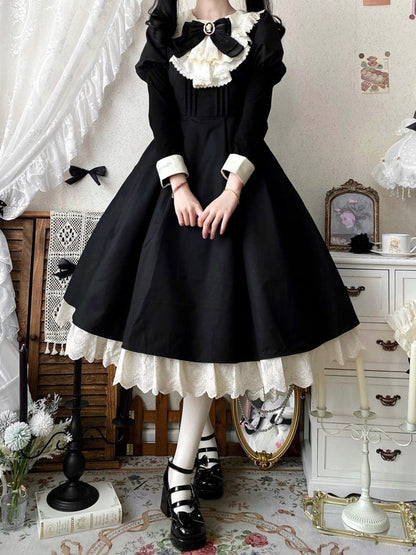 Schwarz-beiges Juliette-Ärmel-Dienstmädchen-Lolita-Set + Schürze