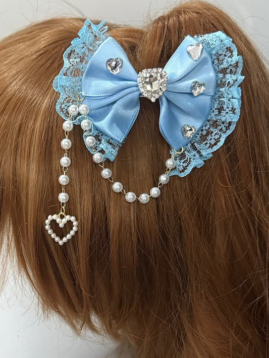 Heart Hairclip Decorated Bowknot Rhinestone Trim Charm Blue Beaded Lace