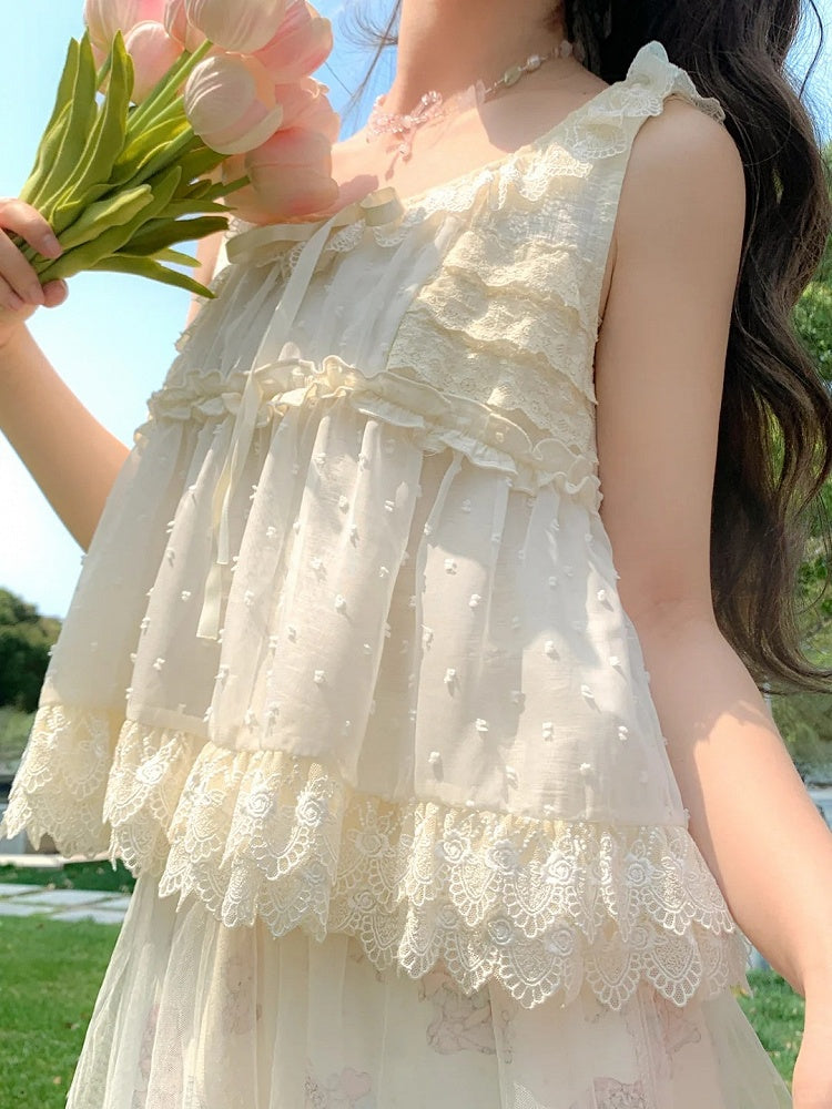 セルフタイタンクトップ リボンレーストリム エレガント ベージュ テ​​ィアード