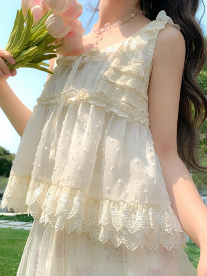 セルフタイタンクトップ リボンレーストリム エレガント ベージュ テ​​ィアード