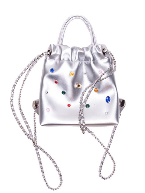 Glamorous Silver Drawstring Backpack With Rhinestone Embellishments