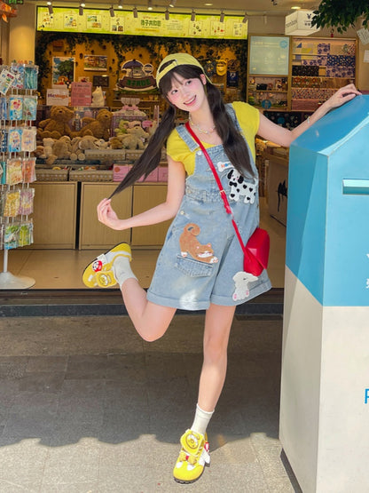 Blue High Detachable Waist Kitty Denim Overalls and Puppy Appliques with