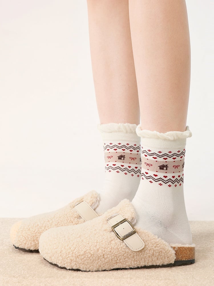 Cotton Geometric Pattern Ruffled Socks Trim and Black/White/Gray House