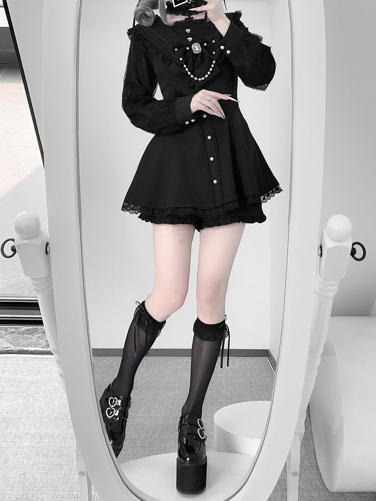 Set: Kei Coord Sleeve Navycore Dress Collar x Long Jirai Matching All-Black Shorts Sailor