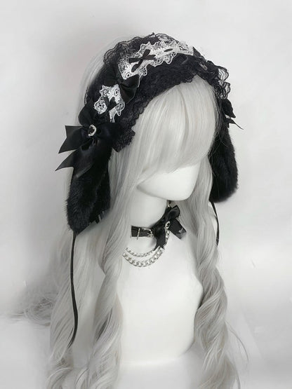 Bunny Ear Bow Heart Rhinestone Ruffled Lace Hairband