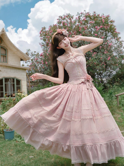 Pink Sleeveless Lace Top with Floral Belt and Skirt - Penny House