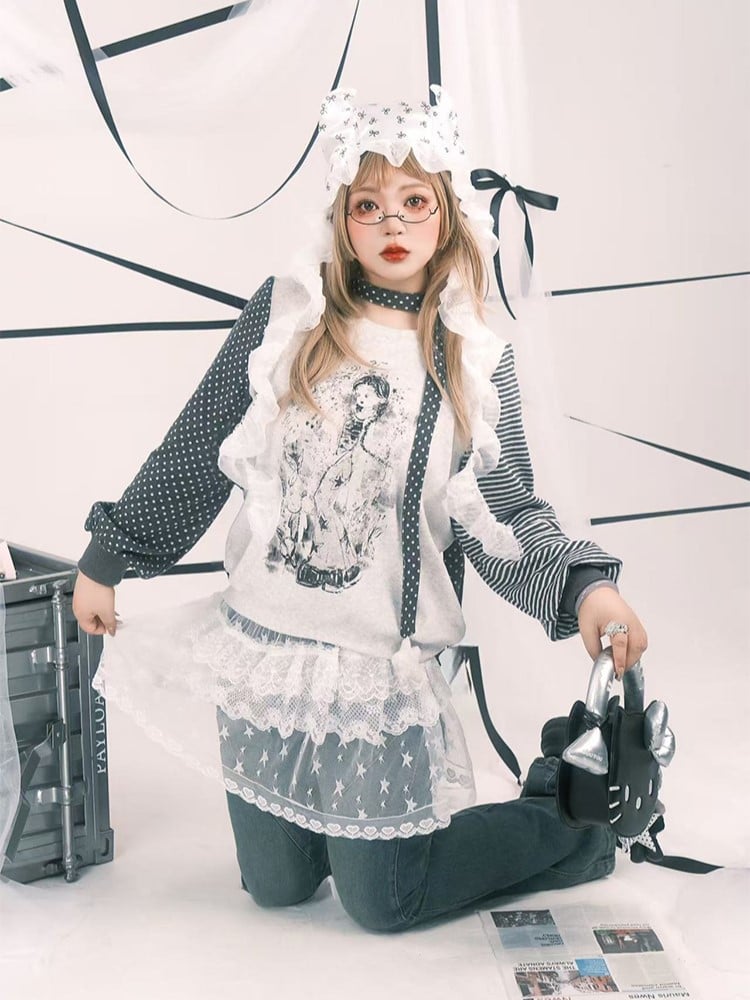 Print Anime with Girl Polka Size Striped Y2K Sleeve White Top Plus Dot