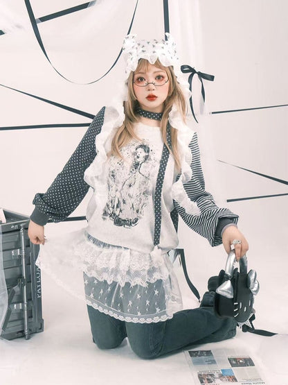 Print Anime with Girl Polka Size Striped Y2K Sleeve White Top Plus Dot