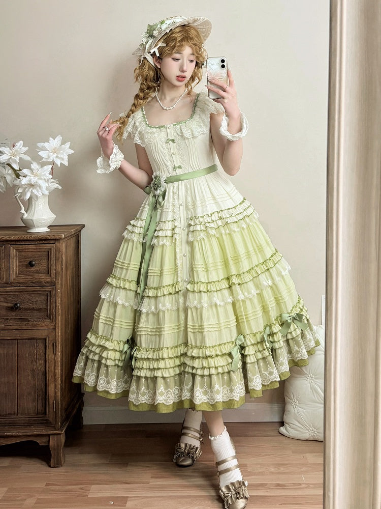 Dress Lolita Green Style Gradient House Square Neckline Pink