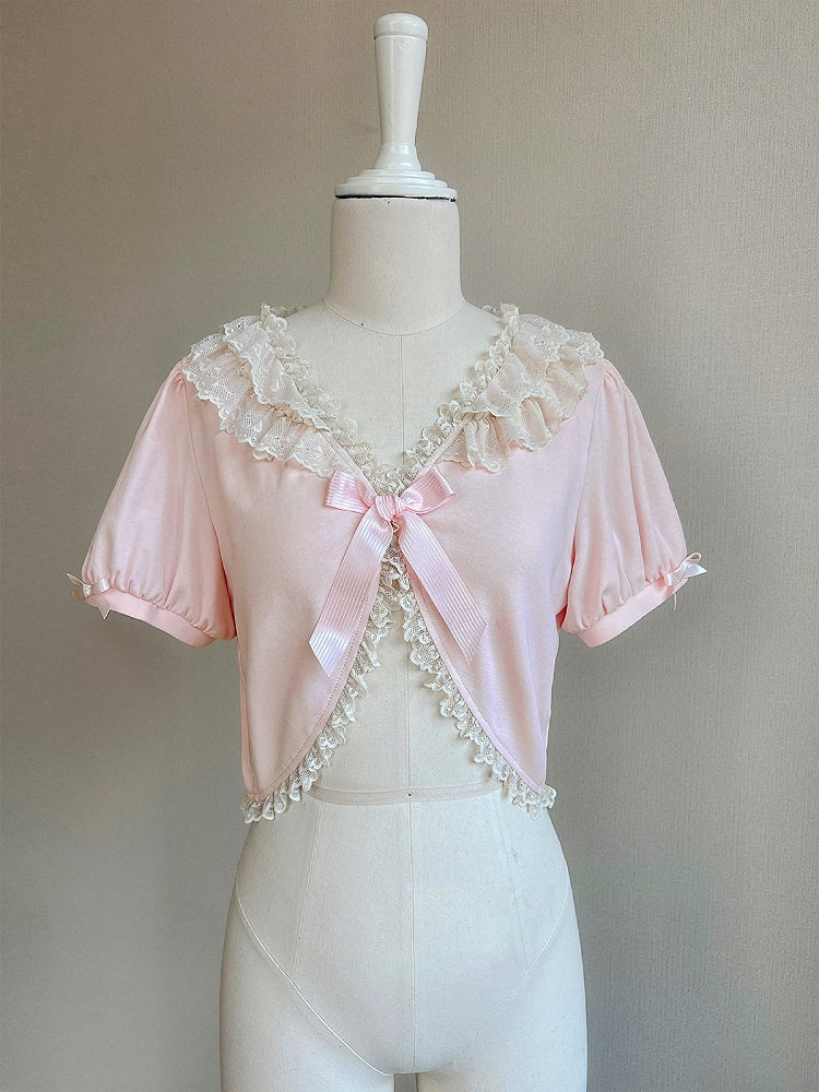 Pink Bow Lace Trim Cardigan - Tan Tuan